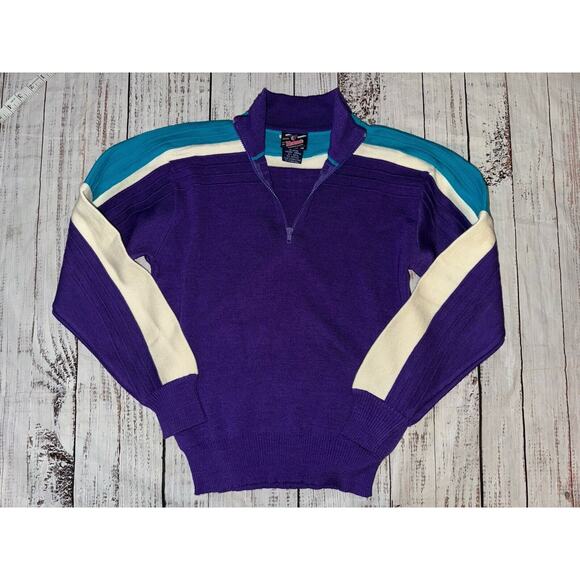 VTG Herman’s Ladies Small Ski Sweater Bold Colorful Purple Blue Multi Wool Blend - Picture 1 of 6